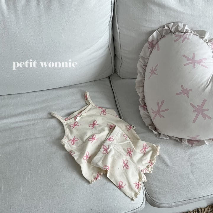 Petitwonnie - Korean Children Fashion - #kidsshorts - Lovely Ribbon Sleeveless Top Bottom Set - 4