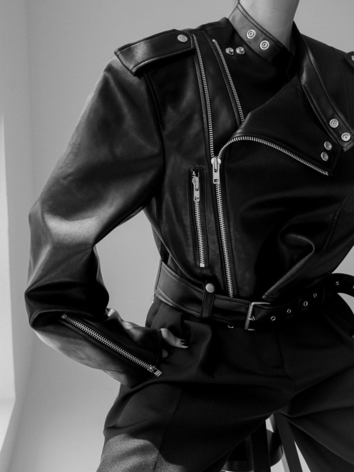 Double Zipped Detail Vegan L Buckle Belted Biker Jacket