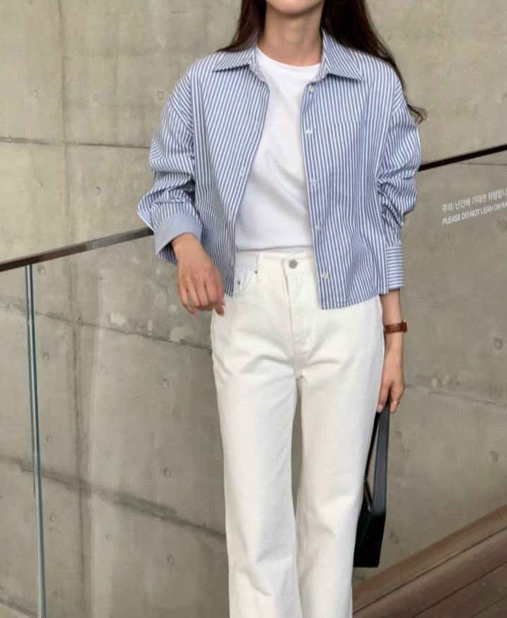 Moani - Korean Women Fashion - #momslook - French Stripe Crop Shirt - 6