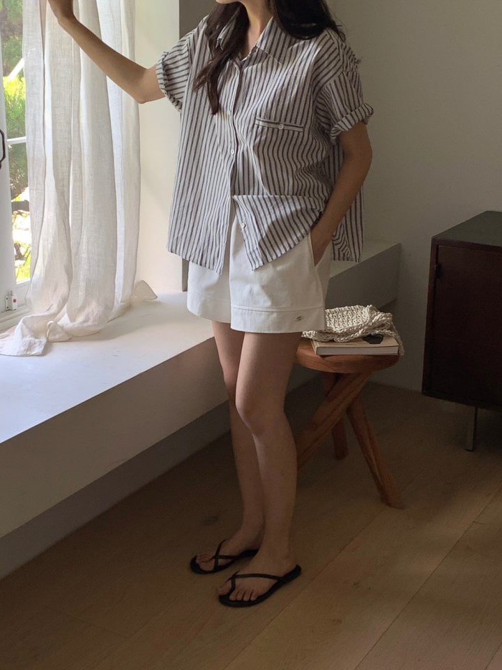 Osense - Korean Women Fashion - #romanticstyle - Opening Stripe Half Shirt - 10