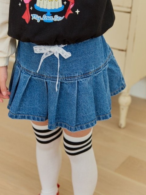 Lace Denim Pleats Skirt