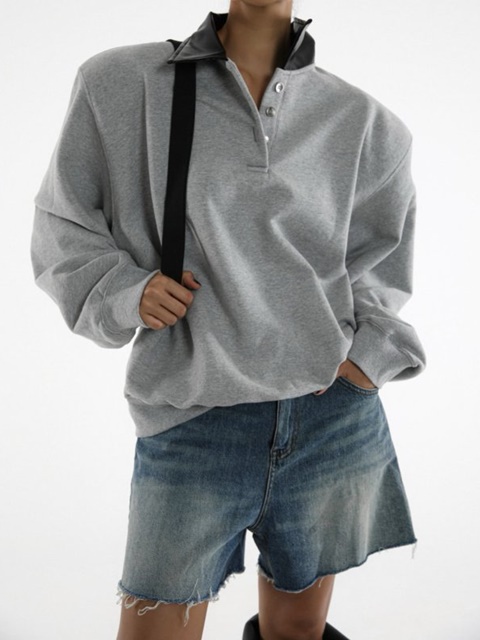 Leather Collar Point Oversized Sweatshirts