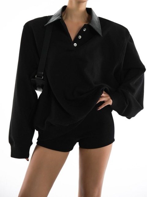 Leather Collar Point Oversized Sweatshirts