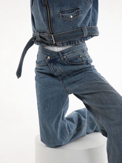 Wrap Button Fly Straight Denim Jeans