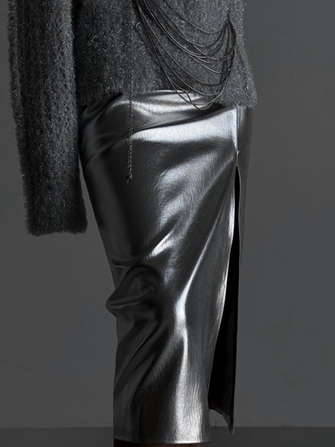 Metallic Leather Slit Skirt