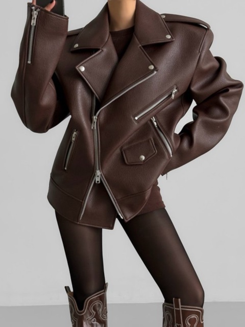 Oversized Chunky Zipped Leather Biker Jacket