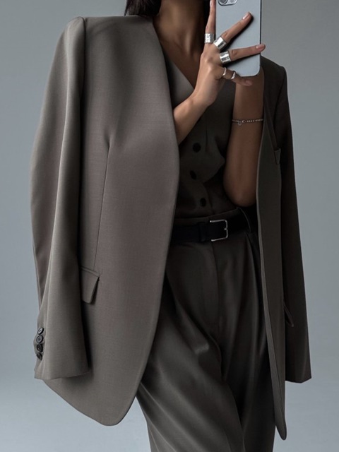 Sharkskin Collarless Oversized Jacket