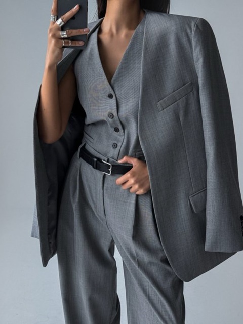 Sharkskin Collarless Oversized Jacket