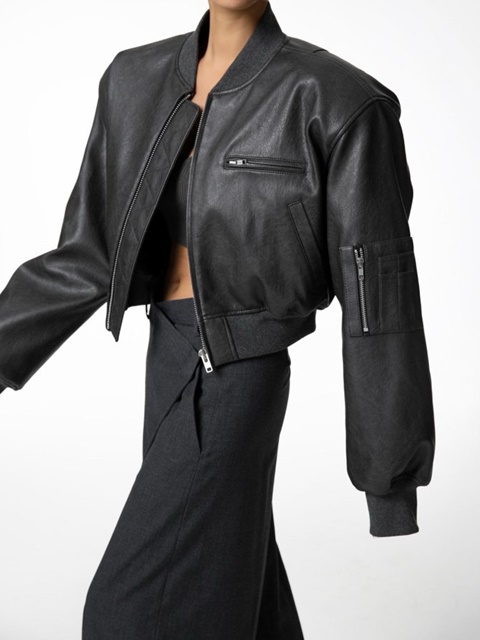 Vegan Leather Crop Full Up Bomber Jacket