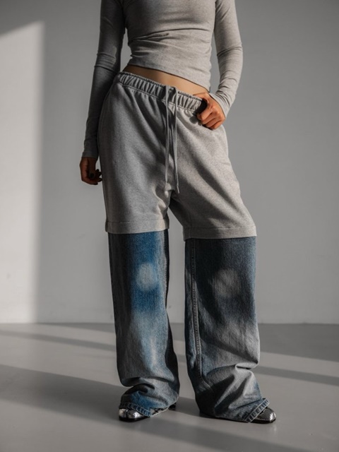 Denim Hem Drawstring Sweat Pants