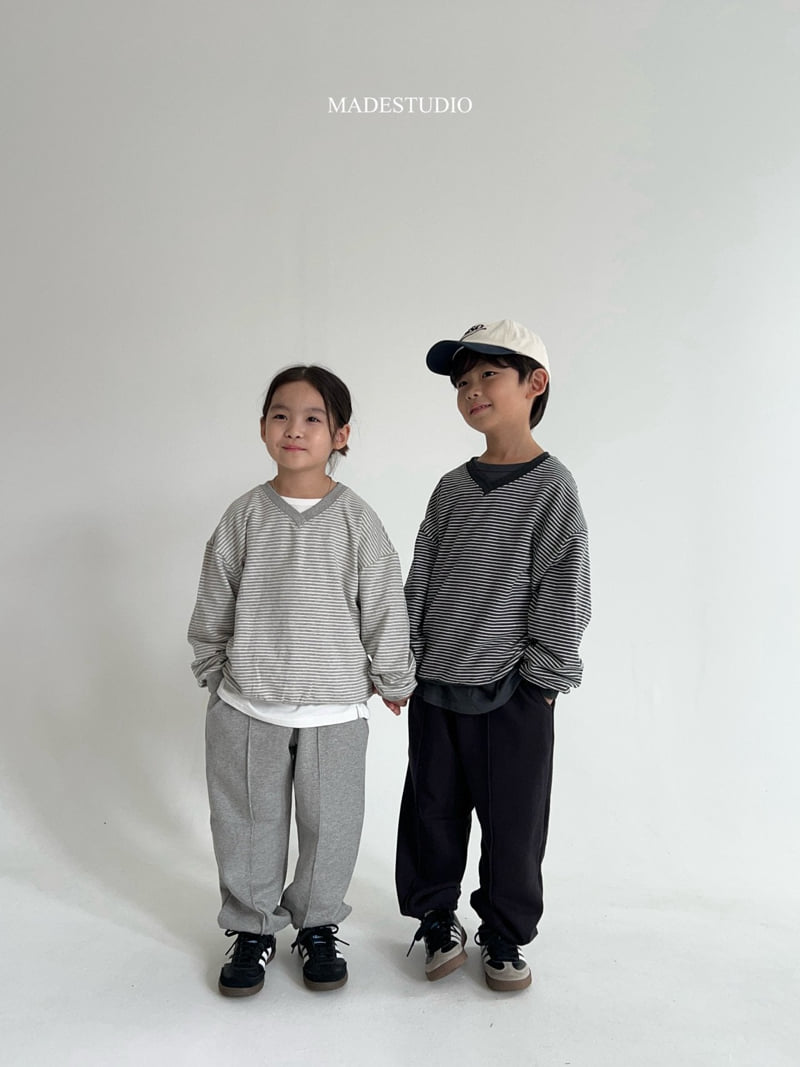 Made Studio - Korean Children Fashion - #todddlerfashion - V Neck Stripe Tee - 2