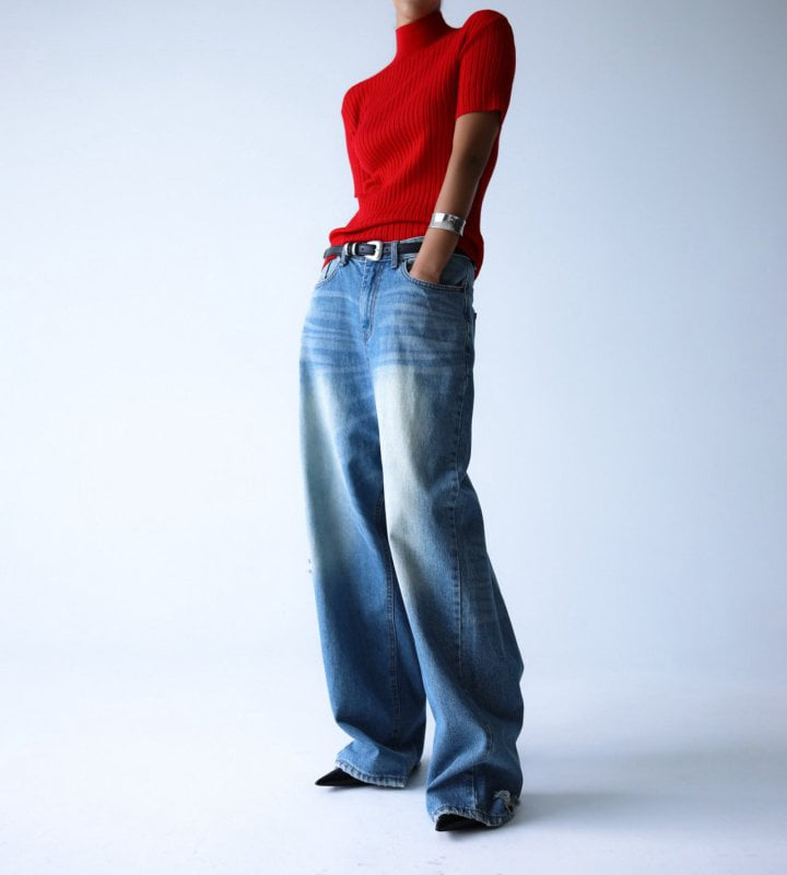 Paper Moon - Korean Women Fashion - #vintagekidsstyle - Vintage Distressed Wash Wide Jeans - 2
