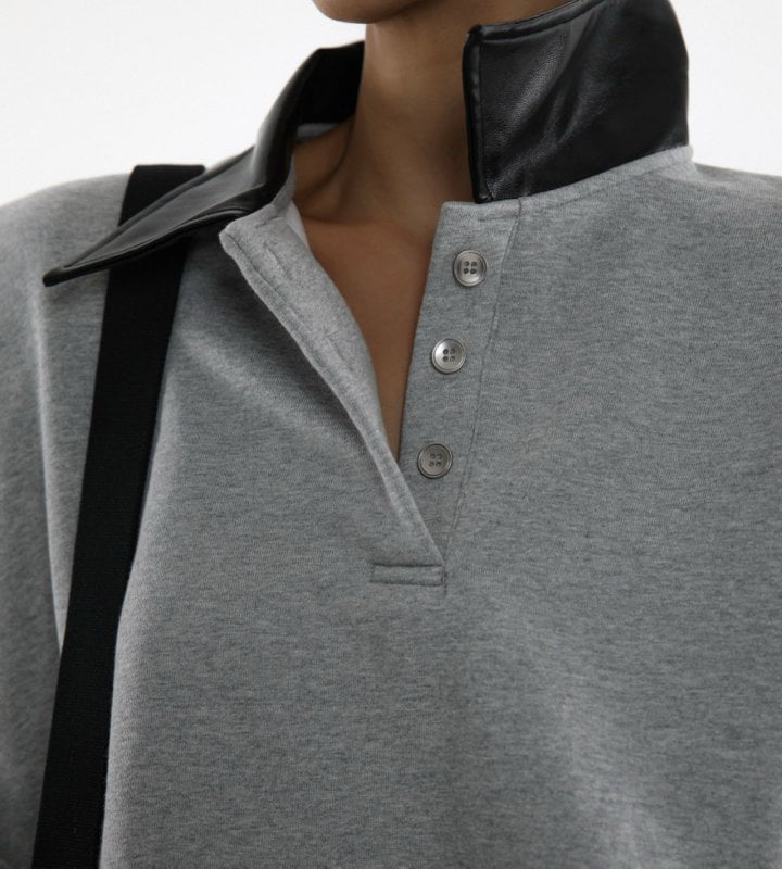 Paper Moon - Korean Women Fashion - #momslook - Leather Collar Point Oversized Sweatshirts - 4