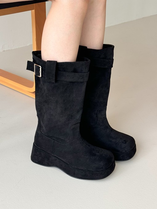 Belt Shirring Suede Middle Boots