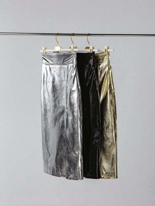 Metallic Leather Slit Pencile Skirt