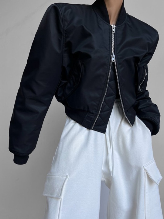 Suqare Shoulder Padded Crop Bomber Jacket
