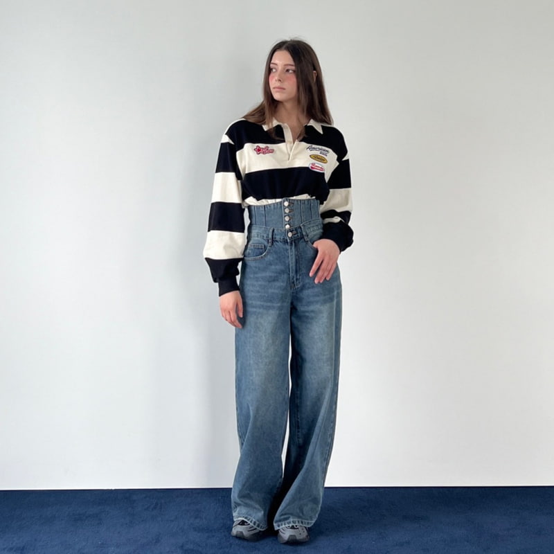 Another Avenue - Korean Women Fashion - #momslook - Giant Stripe Collar Tee - 12