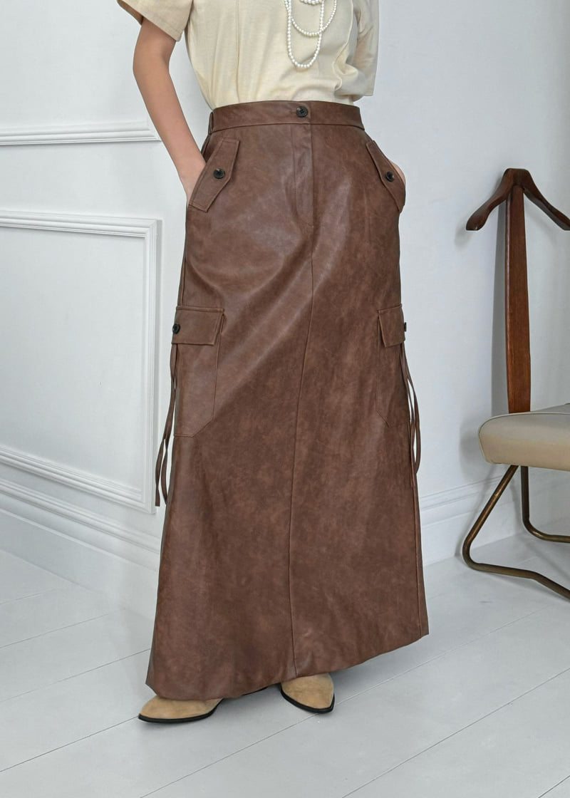 Auver_Fit - Korean Women Fashion - #vintageinspired - Cargo Fake Leather Long Skirt - 7