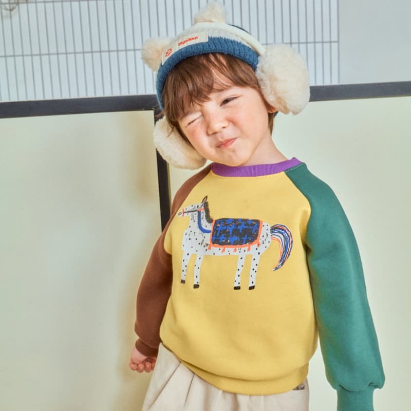 1St Blue - Korean Children Fashion - #childrensboutique - Horse Graphic Raglan Fleeced Tee