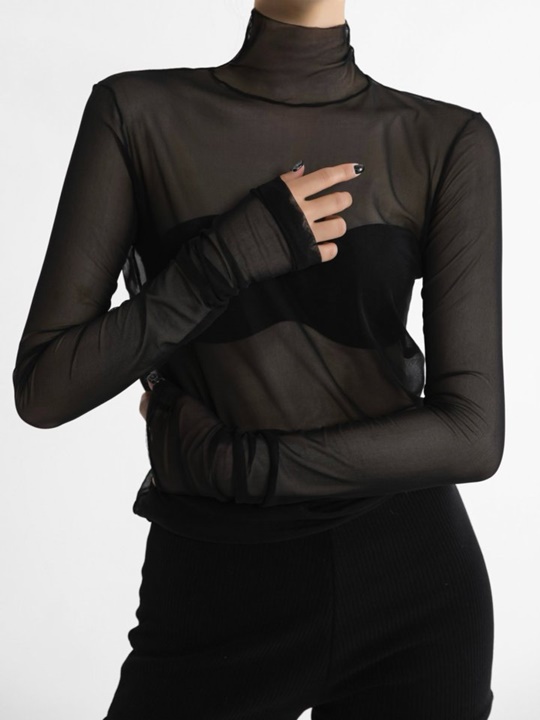 Mesh Sheer Turtleneck Long Sleeved Tee
