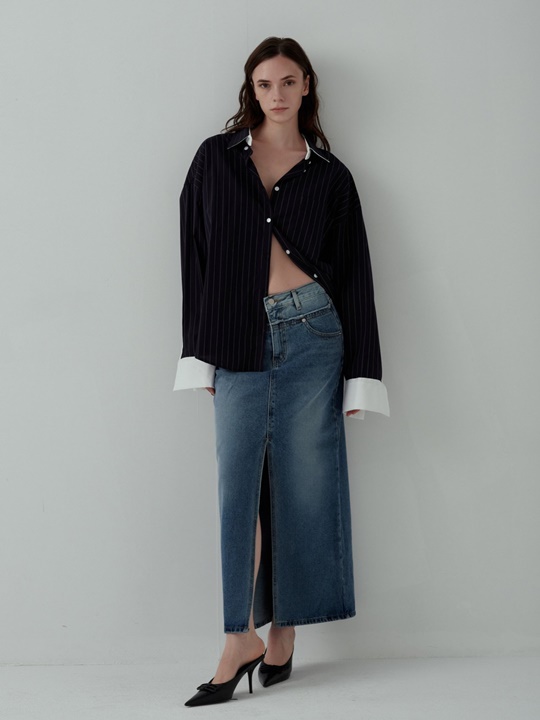 Two Tone Front Slit Maxi Denim Skirt