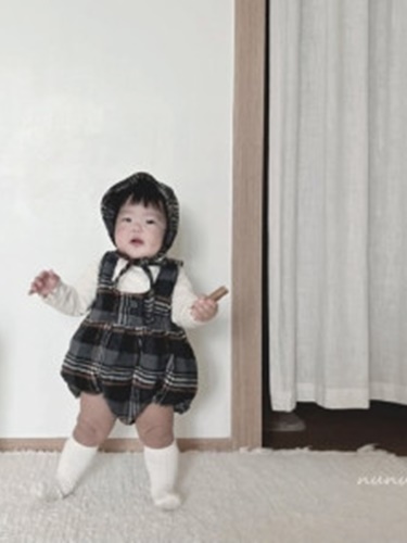 Check Romper Bonnet Set
