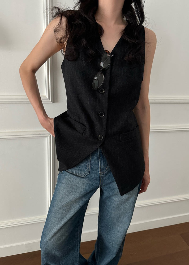 Auver_Fit - Korean Women Fashion - #vintageinspired - Stripe Slim Long Vest - 3