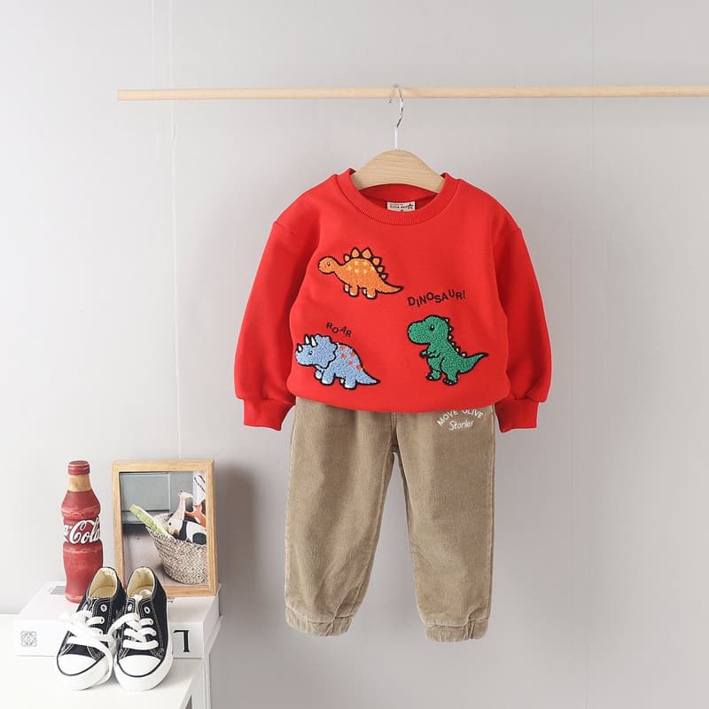 Olive denim - Korean Children Fashion - #kidsshorts - Boucle Dino Tee - 5