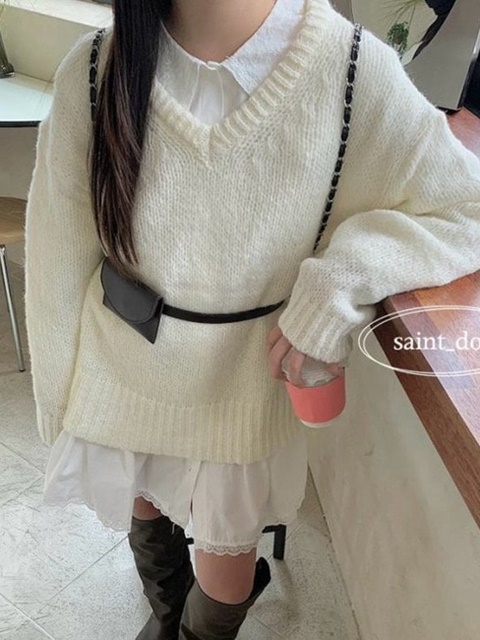 Mohair V-neck Long Knit With Mom