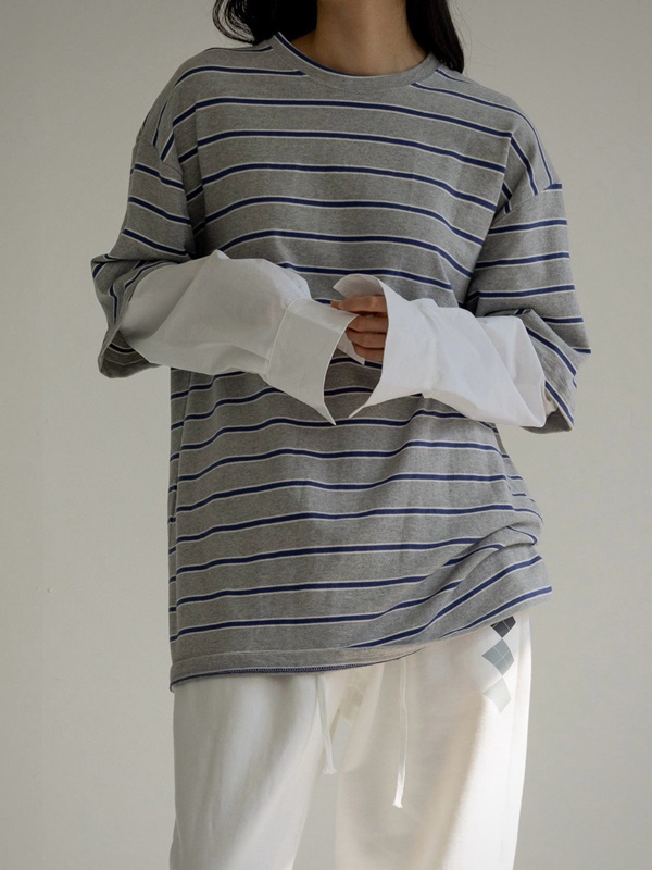 Oversized Stripe Shirt Sleeve Layered Tee