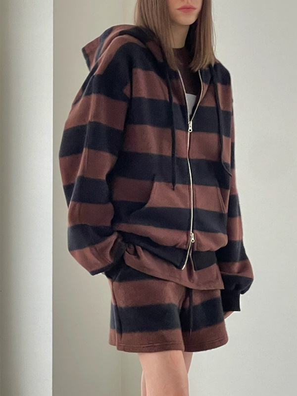Fleece Stripe Hood Zip-up Jacket