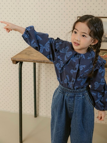 Ribbon Denim Frill Blouse