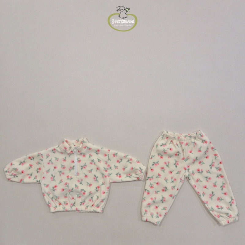 Soybean - Korean Children Fashion - #minifashionista - Fleece Flower Half Top Bottom Set - 6
