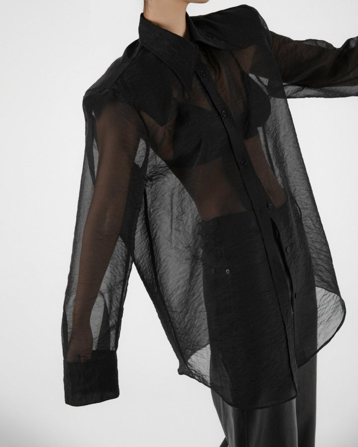 Paper Moon - Korean Women Fashion - #momslook - Silk Organza Padded Shoulder Sharp Collar Button Down Shirt - 3