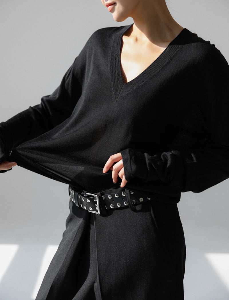 Paper Moon - Korean Women Fashion - #momslook - Wool Silk Deep V-neck Long Sleeved Knit - 2