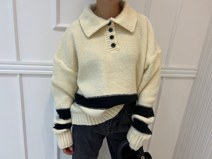 Pearls room - Korean Women Fashion - #momslook - Line Collar Knit - 12